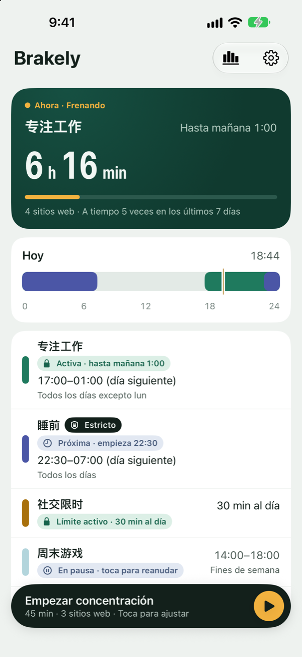 Pantalla de inicio de Brakely: frenando ahora, a “Trabajo concentrado” le quedan 6 horas; la línea de tiempo de hoy; la lista de reglas